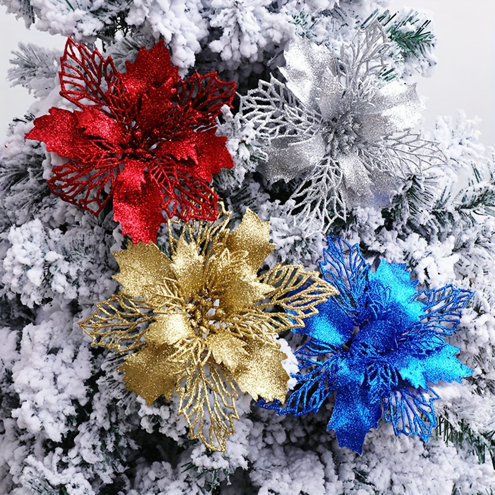 10 artificial Christmas flowers, 9cm/3.54in, glitter tree ornaments made of polyester and plastic. Suitable for home, kitchen, parties, and First Communion. No power required, festive holiday decoration.