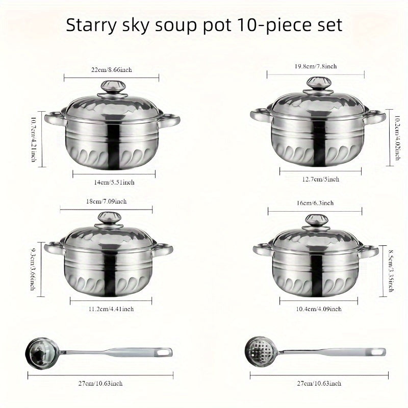 Set of 10 Stainless Steel Cookware Pieces with Lids and Spoons - 4 Pots Included, Featuring Double Handles for Convenient Handling, Ideal for Soups, Hot Pots, Noodles, and Seafood - Suitable for Use on Induction and Gas Stoves