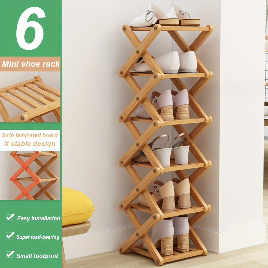 Bamboo Shoe Rack with Cross Design, Multi-layer Storage for Indoor Spaces such as Bedrooms, Dormitories, and Houses. Ideal for entryways to save space with its compact size.