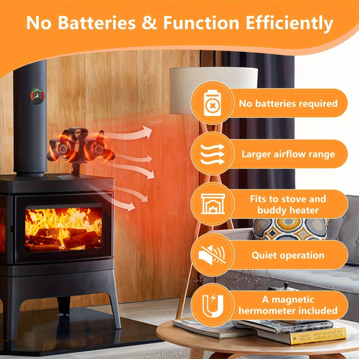 Wood Stove Fan EcoFan with Magnetic Thermometer - Fuel- Efficient 6-Blade Design for Wood/Pellet/Log Burners, Non-Electric Operation