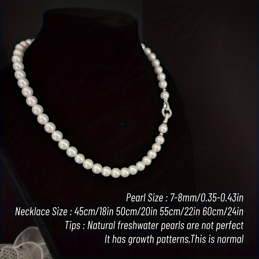 Impeccably crafted from natural freshwater pearls measuring 7-8mm, this stunning necklace features a silvery diamond round buckle. Presented in an elegant gift box, it is suitable for both male and female recipients and perfect for everyday wear