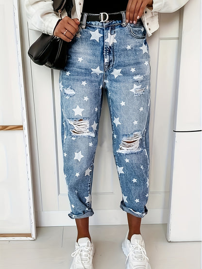 Plus size women's blue high waisted star printed ripped hole rolled edge straight leg pants.