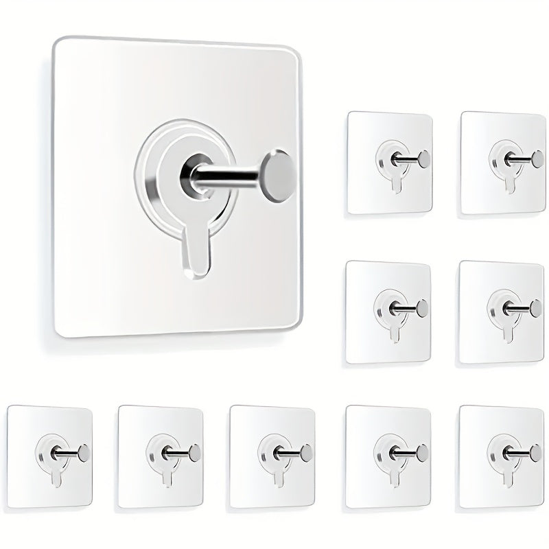 10 self-adhesive wall hooks with 5.9kg capacity for easy installation of pictures, bags, and more without drilling.