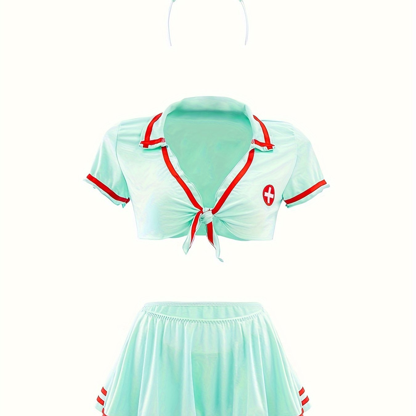 Women's sexy nurse costume with hat, top, underwear, and skirt.