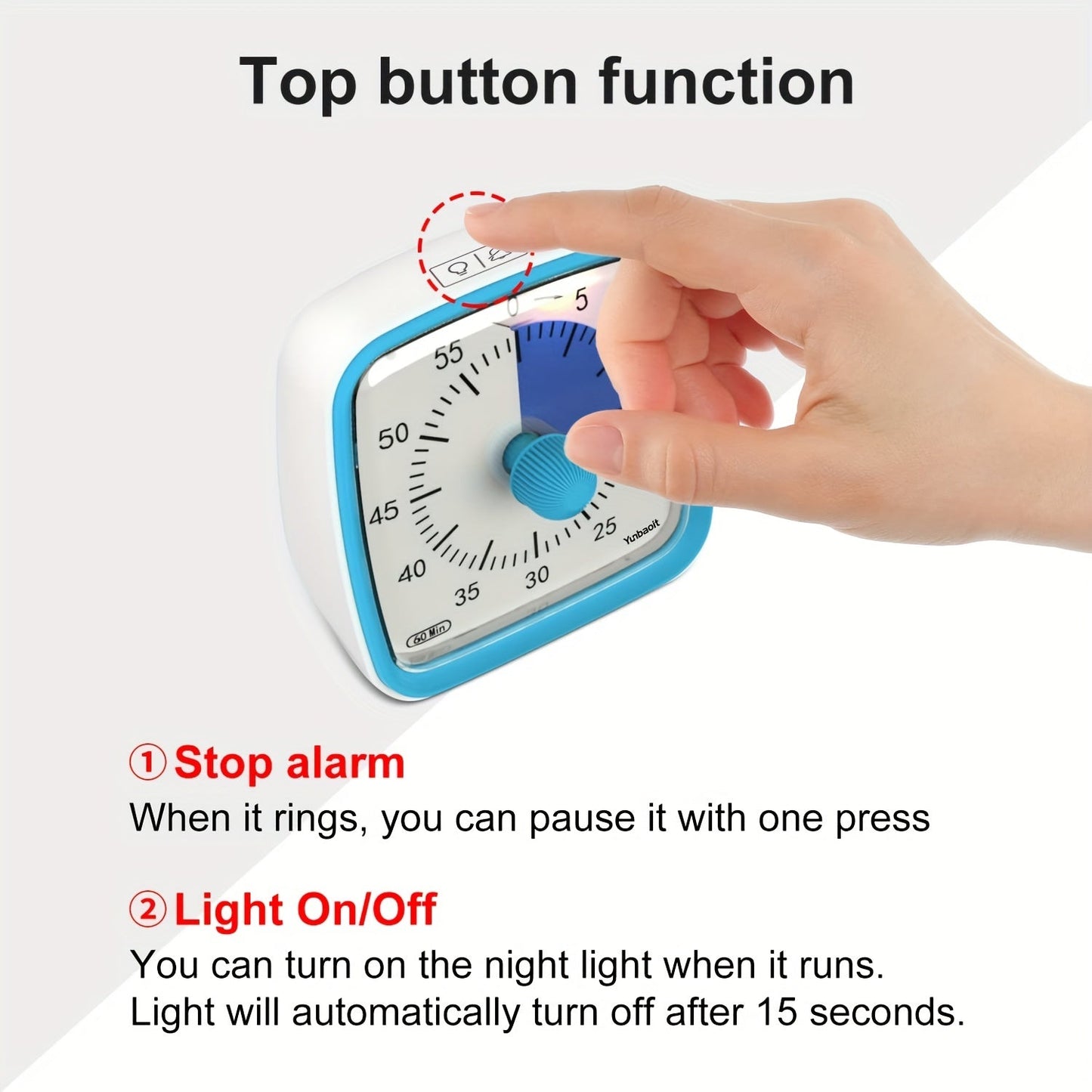 The Yunbaoit Night Light Timer starts at 60 minutes and is perfect for quiet environments like classrooms. It is a helpful time management tool for use at home, school, or work. Introducing Model VT03.