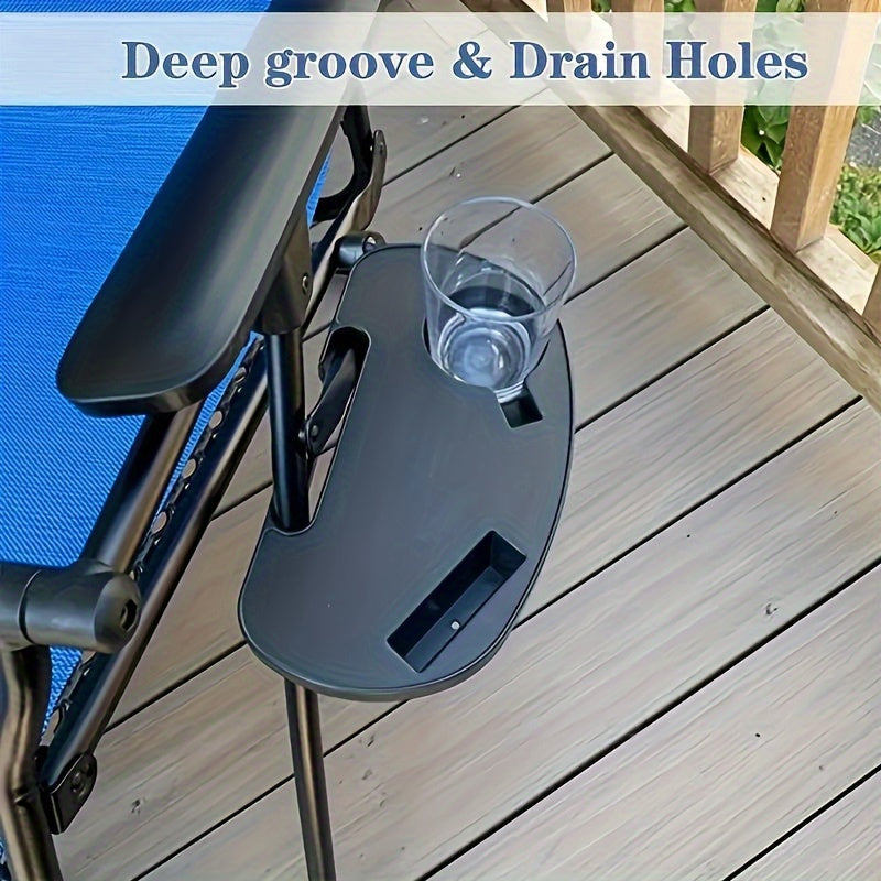 Multi-functional folding chair attachment with a heavy-duty PP plastic cup holder. Scratch and weather resistant with a matte finish. Includes a mobile phone and cup clamp for beverages and snacks storage.