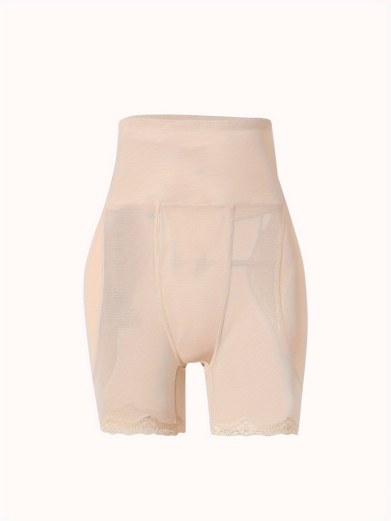 Lace trim shaping shorts for women with tummy control and butt lifting features.