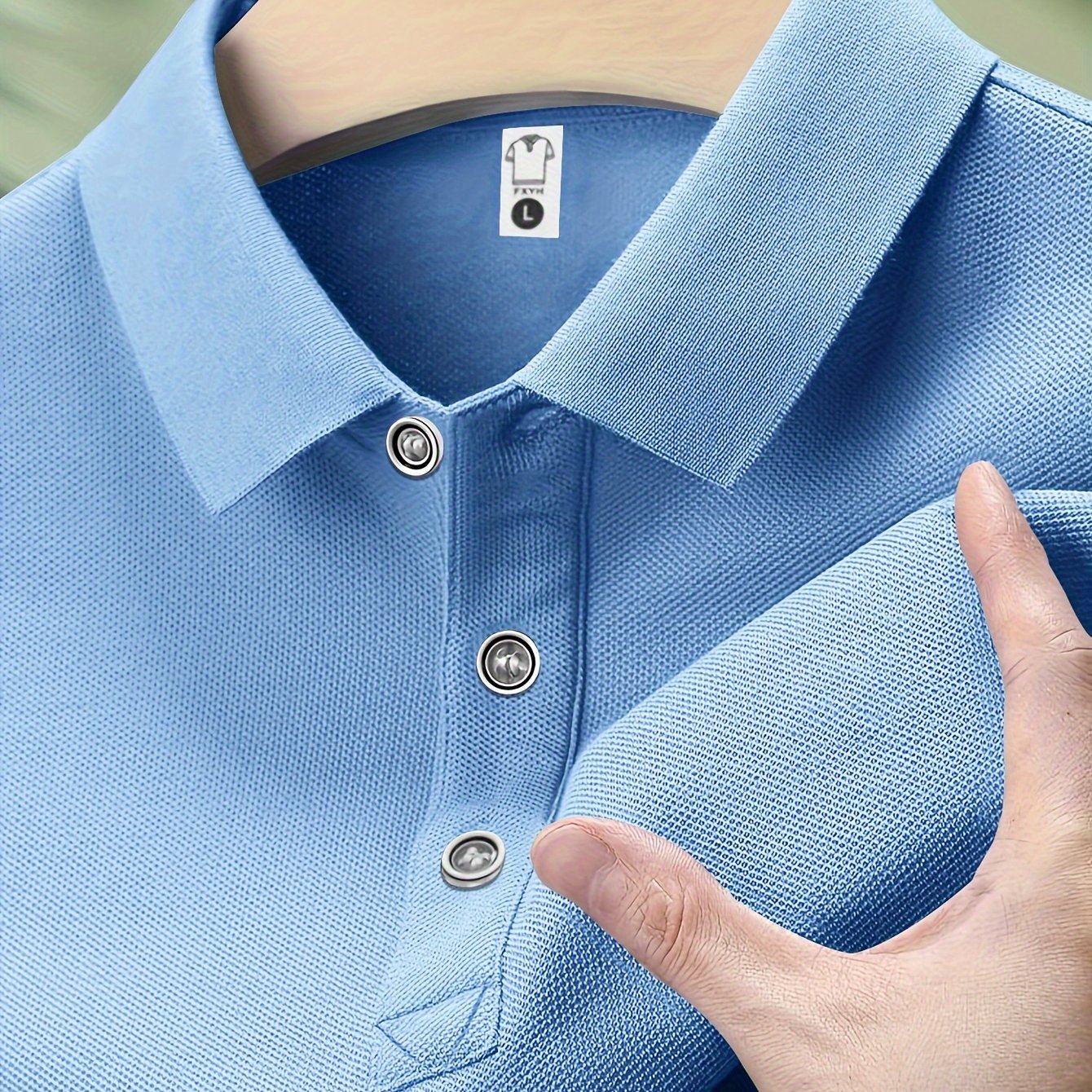 Classic blue men's shirt made of comfortable polyester, perfect for summer activities, machine washable.