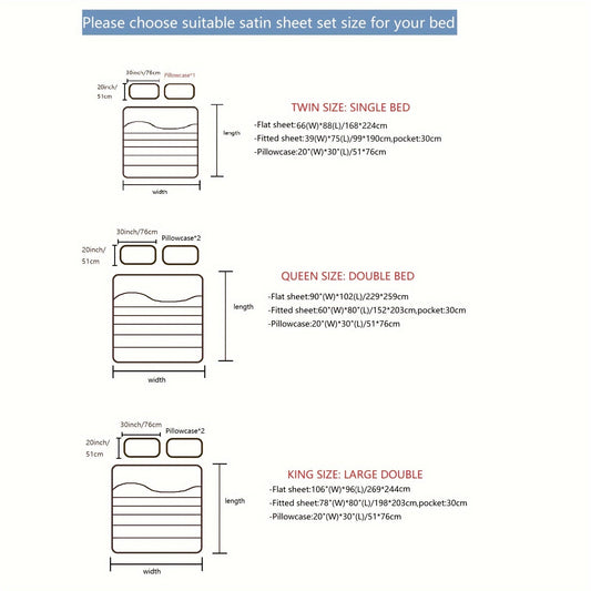 Luxurious 4-piece satin fitted sheet set includes a flat sheet, fitted sheet, and two pillowcases (without core). This bedding set is soft, comfortable, and breathable, with a smooth solid color design. Perfect for the bedroom or guest room, this set