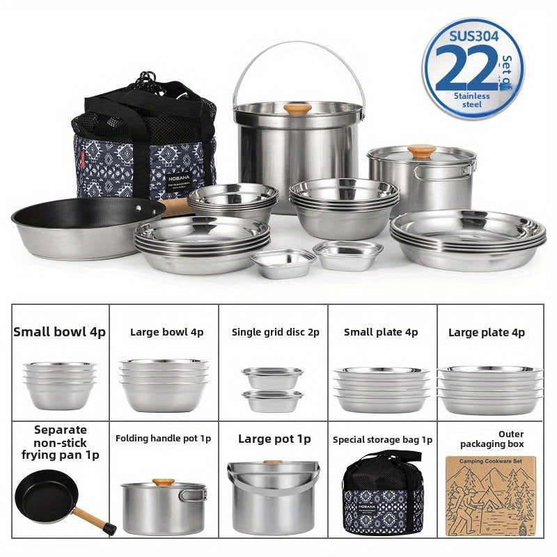 Stainless Steel Camping Cookware Set with 22 Pieces - High-Quality 304 Stainless Steel Outdoor Kitchen Utensils featuring Foldable Handles. Complete with Bowls, Plates, Skillet, Fry Pan and More. Ideal for Picnics, Road Trips, Camping and Home Use.