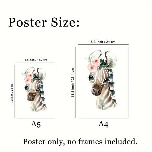 Set of 4 watercolor-style animal posters featuring an elephant, lion, giraffe, and zebra with flowers. Perfect for home decoration in bedrooms or entertainment rooms. Available in A5 and A4 sizes. Frames not included.