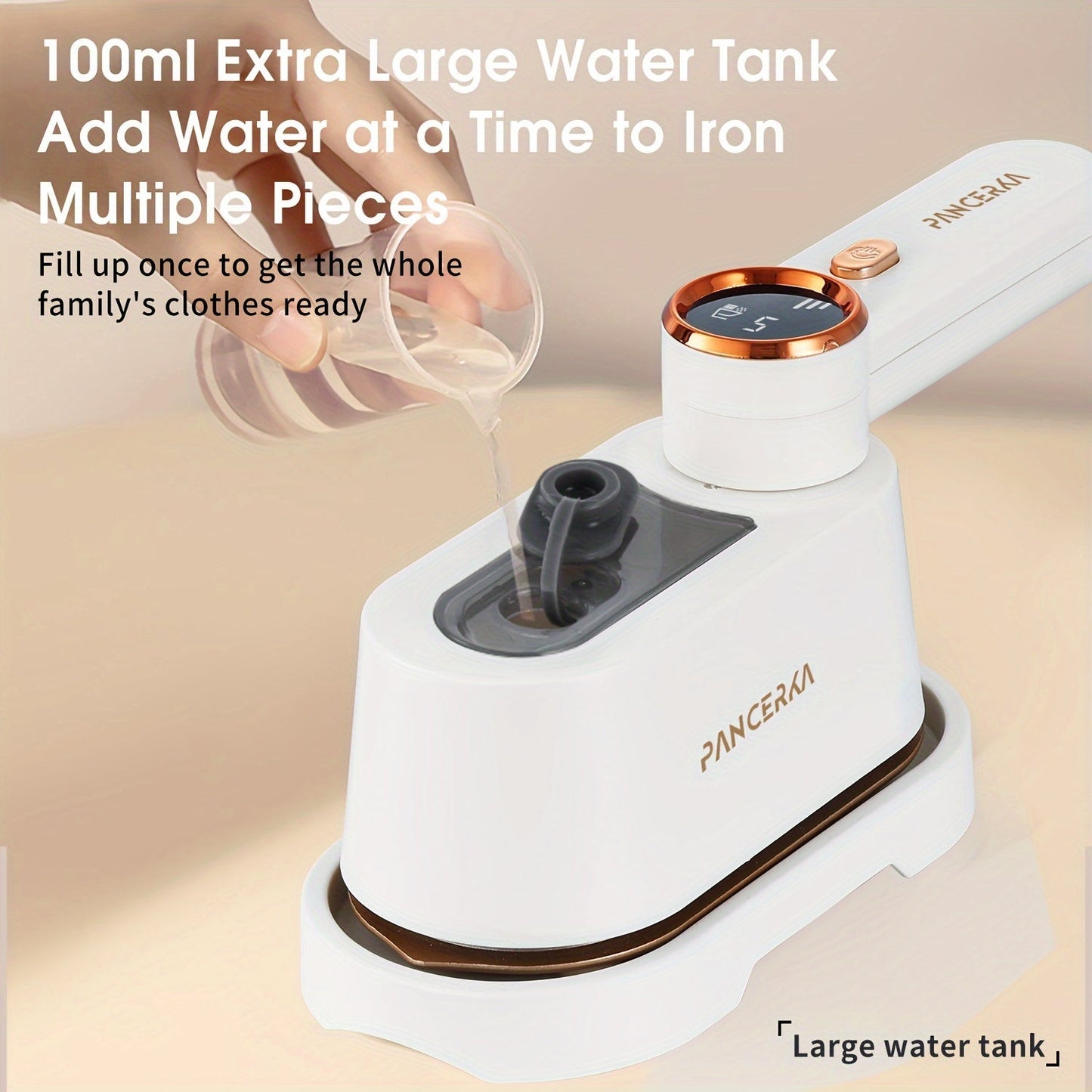 1 piece of PANCERKA 2-in-1 Handheld Garment Steamer Iron with a 1050W power, large soleplate, LED display, and 3 adjustable steam levels. Made of metal and plastic, this fabric wrinkle remover is travel-ready with a 220-240V EU plug.