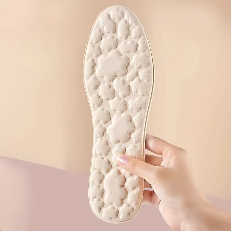 Memory foam insoles with arch support and shock absorption for high heels and sneakers, providing all-day comfort.