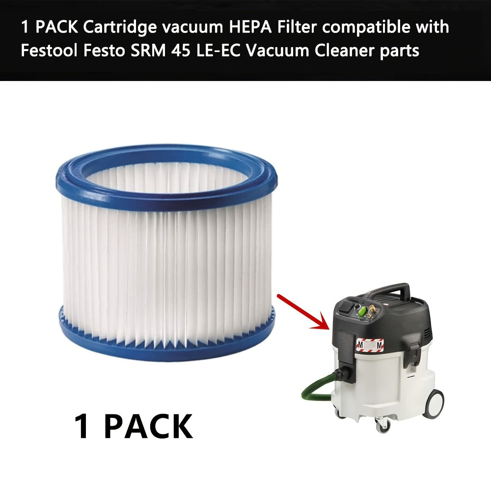 Replacement parts for the Festo SRM 45 LE-EC vacuum cleaner, including a high-quality rubber sealed 1-pack Festool compatible cartridge vacuum HEPA filter. The filter features pleated paper for enhanced filtration and a durable plastic frame.