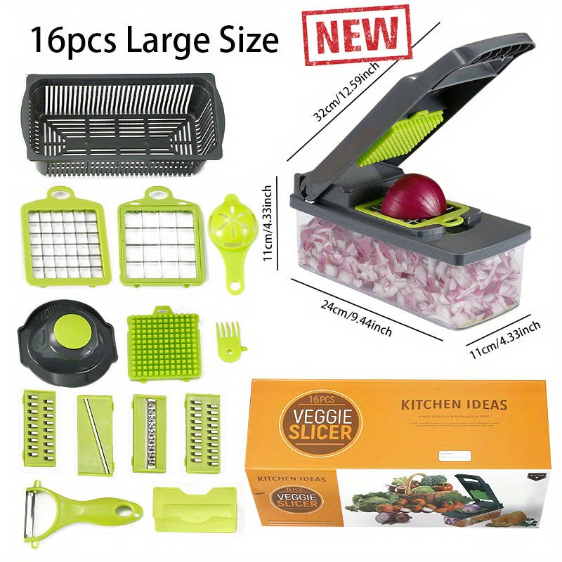 Kitchen slicer set with 14/16 pieces, featuring a manual vegetable cutter dicer shredder with durable stainless steel blades. Made of plastic in a rectangle shape, no power supply required.