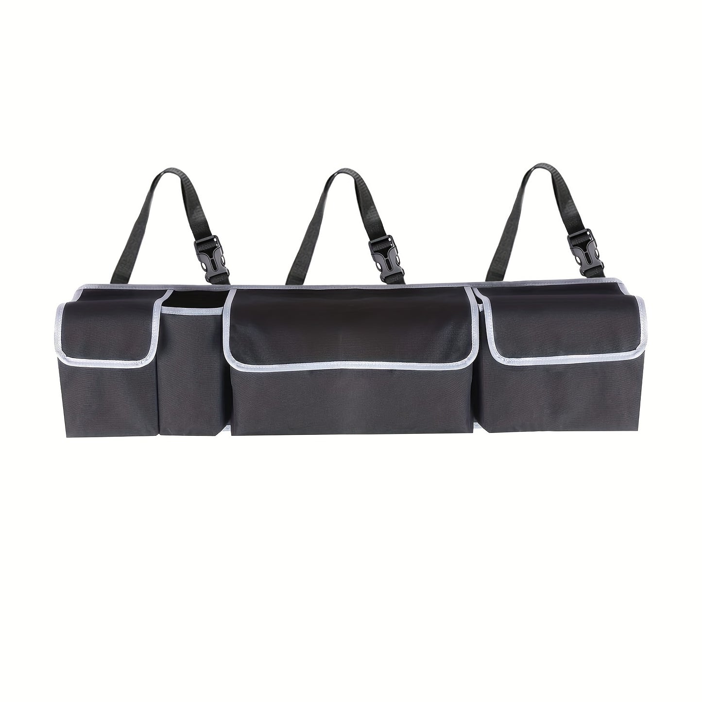 Car seat back organizer with large capacity, multiple pockets, polyester fiber material, vehicle storage solution.