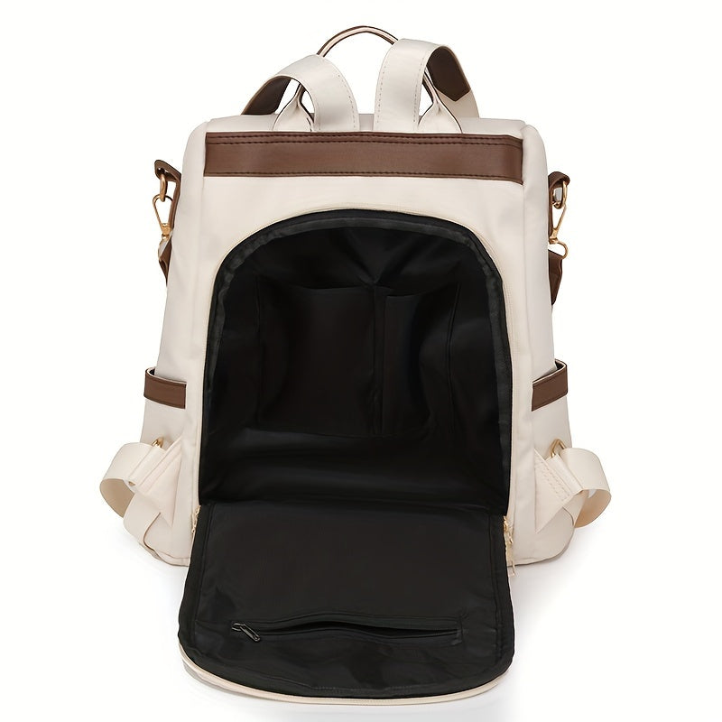 Stylish women's anti-theft backpack purse in white & brown with adjustable straps, large capacity, and golden-toned hardware, perfect for travel.