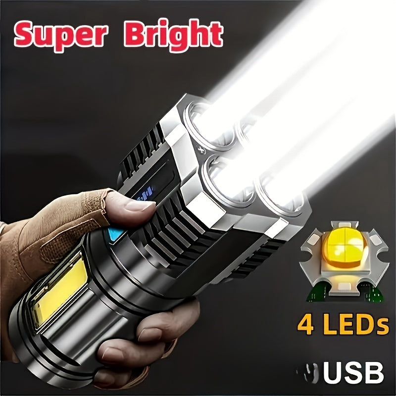 USB rechargeable LED flashlight with 4 modes and COB side light, perfect for outdoor activities.