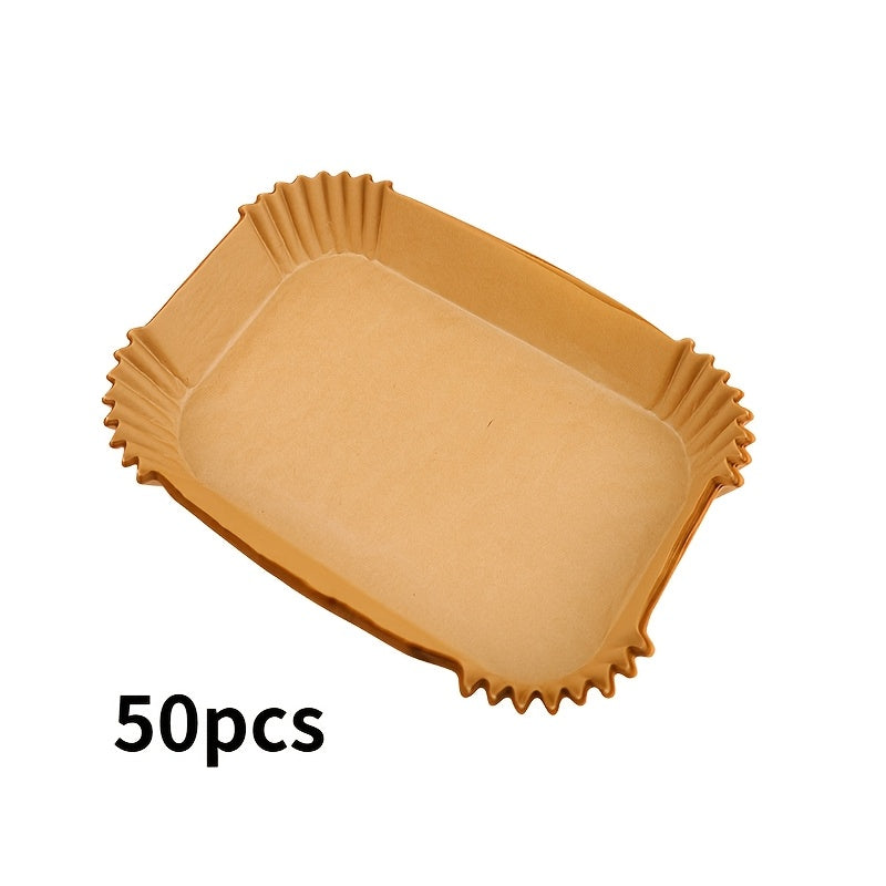 Get a pack of 50/100 brown kraft paper air fryer liners for mess-free cooking. These non-stick, oil, and waterproof disposable sheets are perfect for baking and healthy cooking in RVs and ovens. They are ideal for preparing fried foods such as chicken