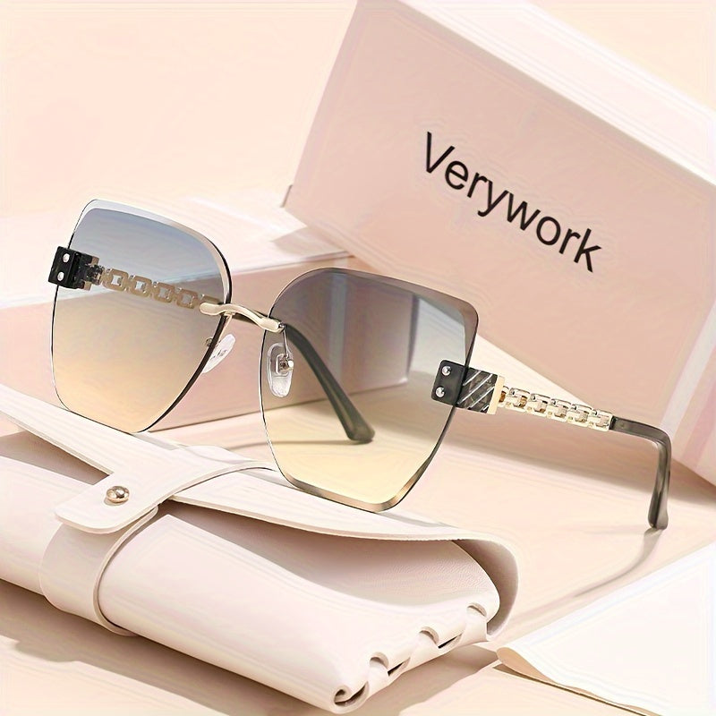 Verywork Women's Retro Square Frame Fashion Glasses with Stainless steel, Gradient Pink to Brown Lenses, Golden-Tone Chain Detail; Perfect for Daily Wear & Carnival; Stylish glasses.