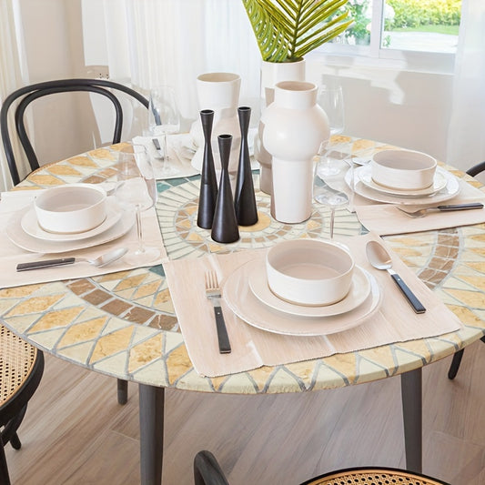 Elegant and durable round tablecloth for dining, made of easy-care, wrinkle-free polyester with intricate mosaic design, suitable for home and restaurant use. Waterproof and oil-resistant.