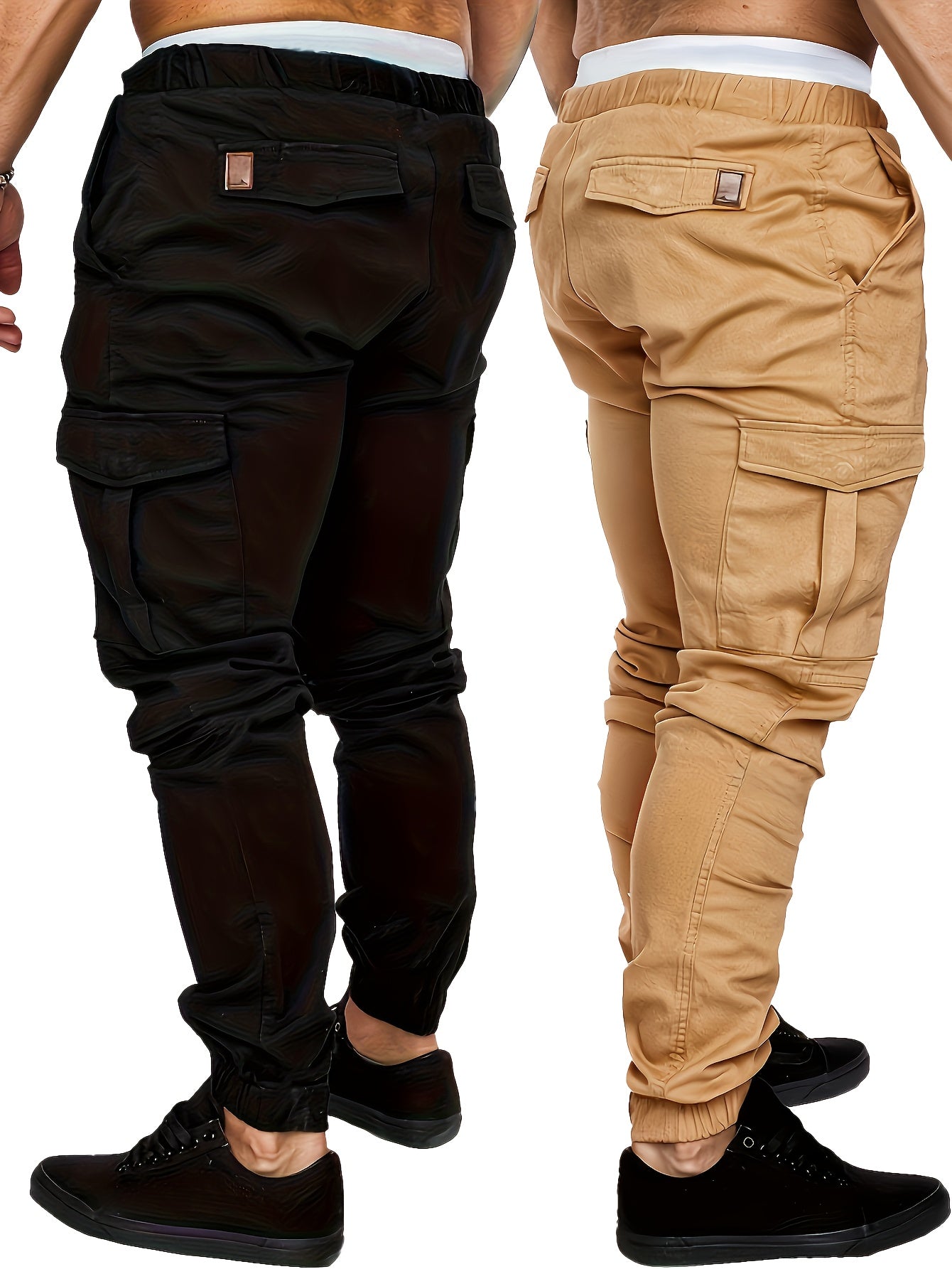 2-piece men's cargo pants set in solid color cotton with drawstring waist, regular fit, all-season wear.