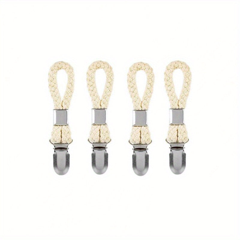 Set of 4 stylish braided rope towel clips featuring strong metal clamps, perfect for organizing towels and clothes in the kitchen or bathroom. These space-saving clips securely hold items in place with a sturdy design, making them ideal for hanging