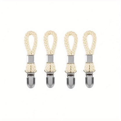 Set of 4 stylish braided rope towel clips featuring strong metal clamps, perfect for organizing towels and clothes in the kitchen or bathroom. These space-saving clips securely hold items in place with a sturdy design, making them ideal for hanging