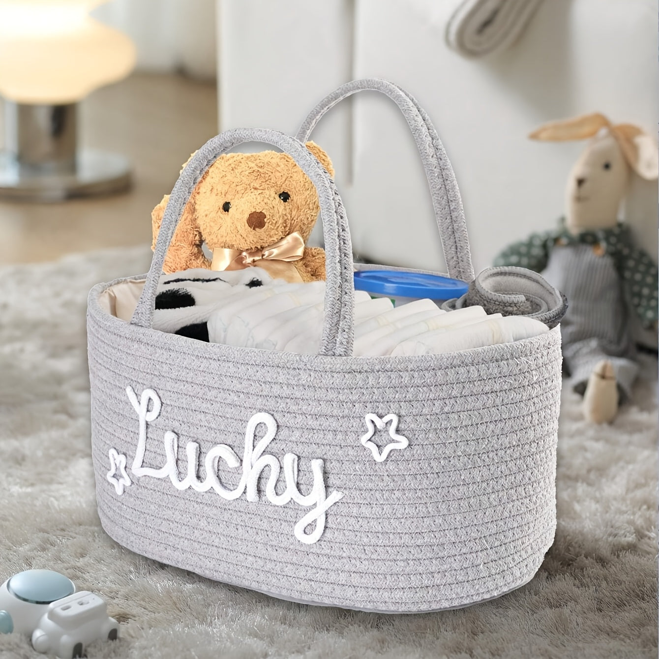 Storage basket made of cotton rope with lettered design, featuring a detachable inner basket for separating dry and wet items. Can be used as a hand-held storage solution.