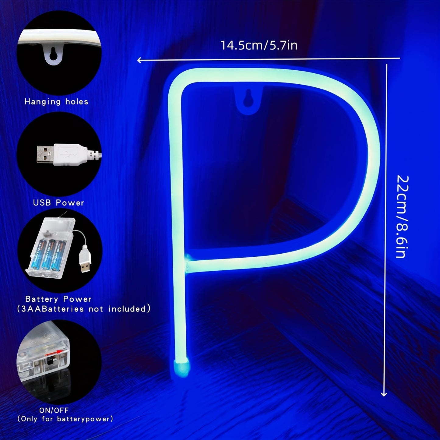 Neon LED letter light sign, powered by USB or batteries, perfect for bedroom decor or special occasions.