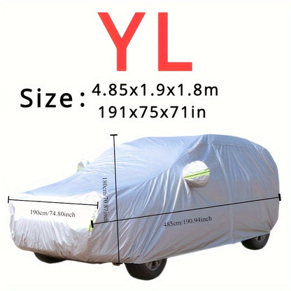 Car cover with UV and dust protection, suitable for cars, pickups, SUVs, and hatchbacks. Features reflective strip for added protection. Suitable for outdoor use.