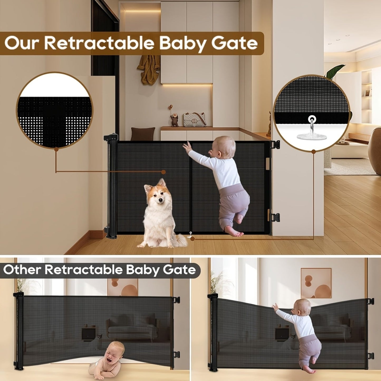 Get the 1pc Extra Wide Retractable Safety Gate for Children and Pets. It stands at 86.36cm tall and can expand up to 149.86cm wide. Made with durable polyester mesh, this gate doesn't require any assembly and can be easily mounted indoors or outdoors.