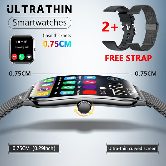 Ultra-thin smartwatch with full touch display, dual screen, USB charging, stainless steel case for Android and iPhone. Ideal for fitness tracking, calls, messages and music control.