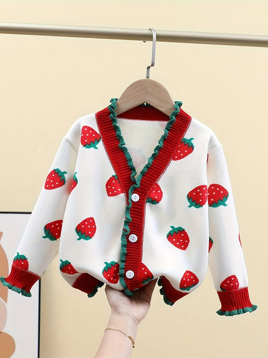 Kids Strawberry Print Knitted Cardigan made from polyester with crew neck, cute style, medium stretch, fruit and vegetable pattern, regular length, and regular fit for children over 3 years