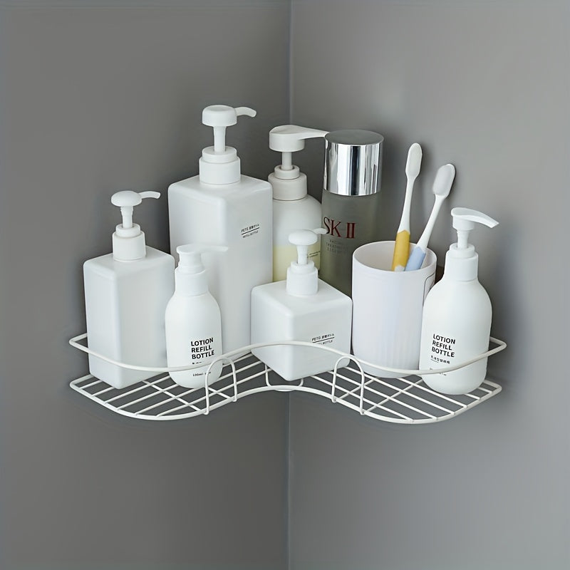 Rust-proof wrought iron wall-mounted triangular shower caddy with 2 shelves for bathroom storage.