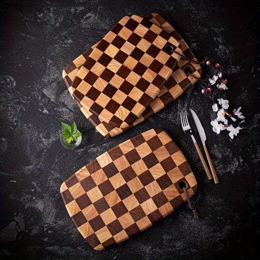 Checkered Pattern Rubber Wood Cutting Board - Thick, Double-Sided, Food Safe Chopping Block Perfect for any Kitchen