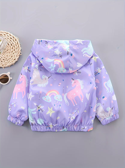 Girls' cartoon hoodie jacket with horned horse/bear and flowers pattern, featuring a zipper closure. Casual and comfortable loose fit coat.