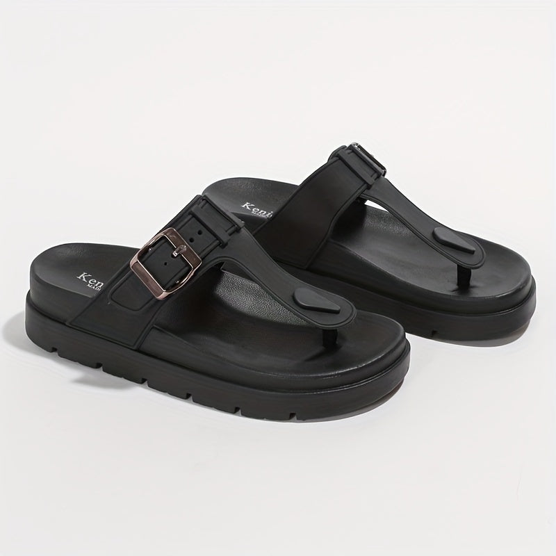 Comfortable Solid Color Flip Flops for Women, Casual Clip Toe Summer Shoes with Buckle Strap Detail