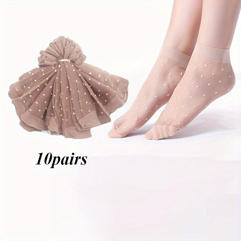 10 pairs of transparent, thin socks with skin color dot design, ideal for summer and short ankle styles.