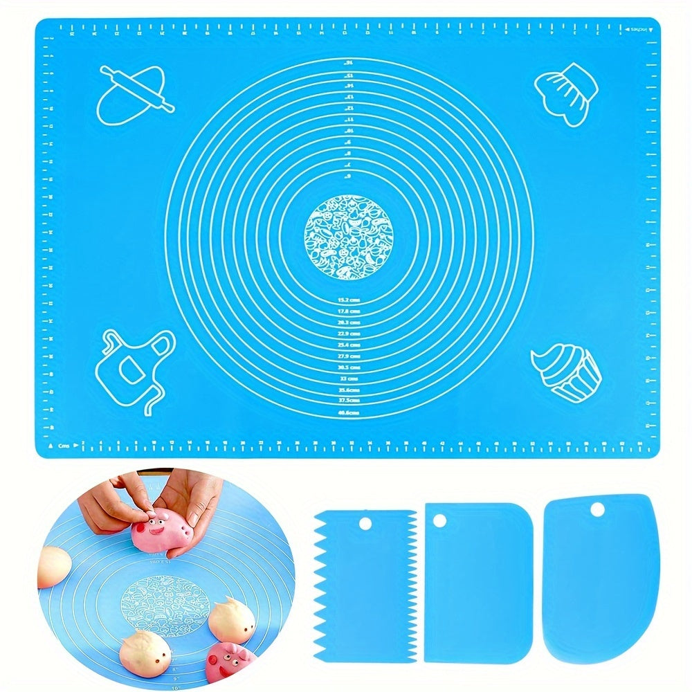 Silicone Pastry Mat Set: Includes one non-stick baking mat, counter mat, and pastry board for rolling dough. Perfect for bread, candy, and cookie making. Comes with free scrapers. Ideal baking tools and kitchen gadgets.