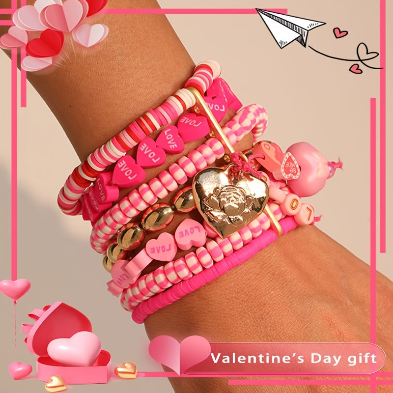 A chic and eclectic Bohemian pink Valentine's Day bracelet featuring a multi-layered design with beaded LOVE flower and 3D heart pendant. This exquisite piece is ideal for adding a touch of romance to any woman's Valentine's Day ensemble and can be worn