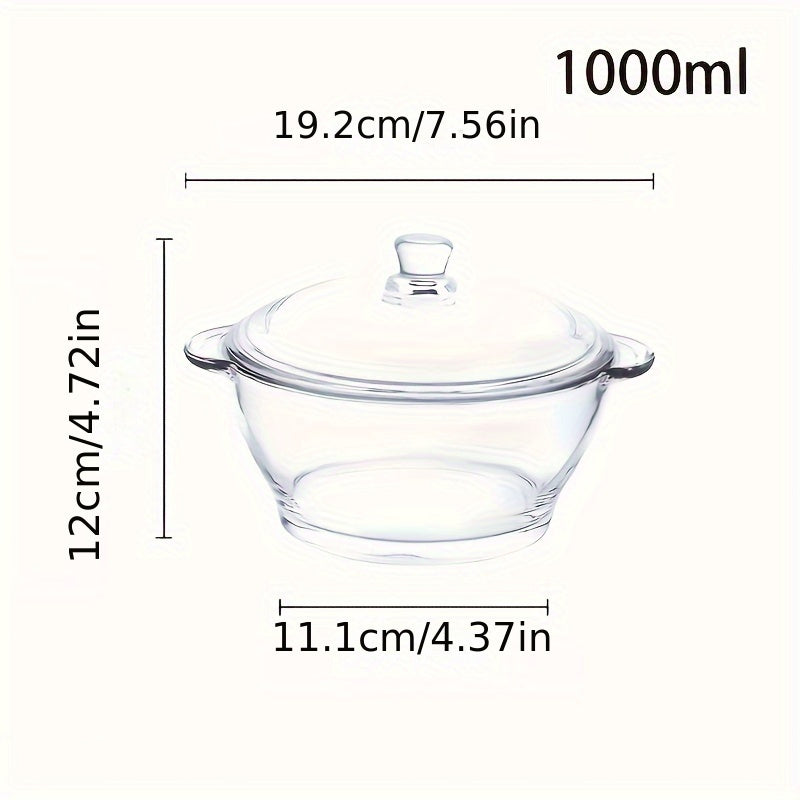 Heat-resistant clear glass casserole dish with lid, 1000ml/33.82oz capacity. Induction compatible and multipurpose kitchen cookware for soup, salad, and noodles. Pattern-free design.