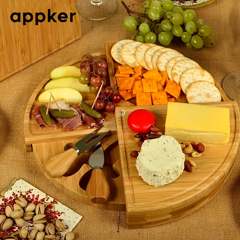 Appker Bamboo Cheese Board Set includes Cheese Knife and Wooden Charcuterie Board with Rotating Serving Platter for Appetizers, Food Safe Kitchen Accessory with Cheese Tools