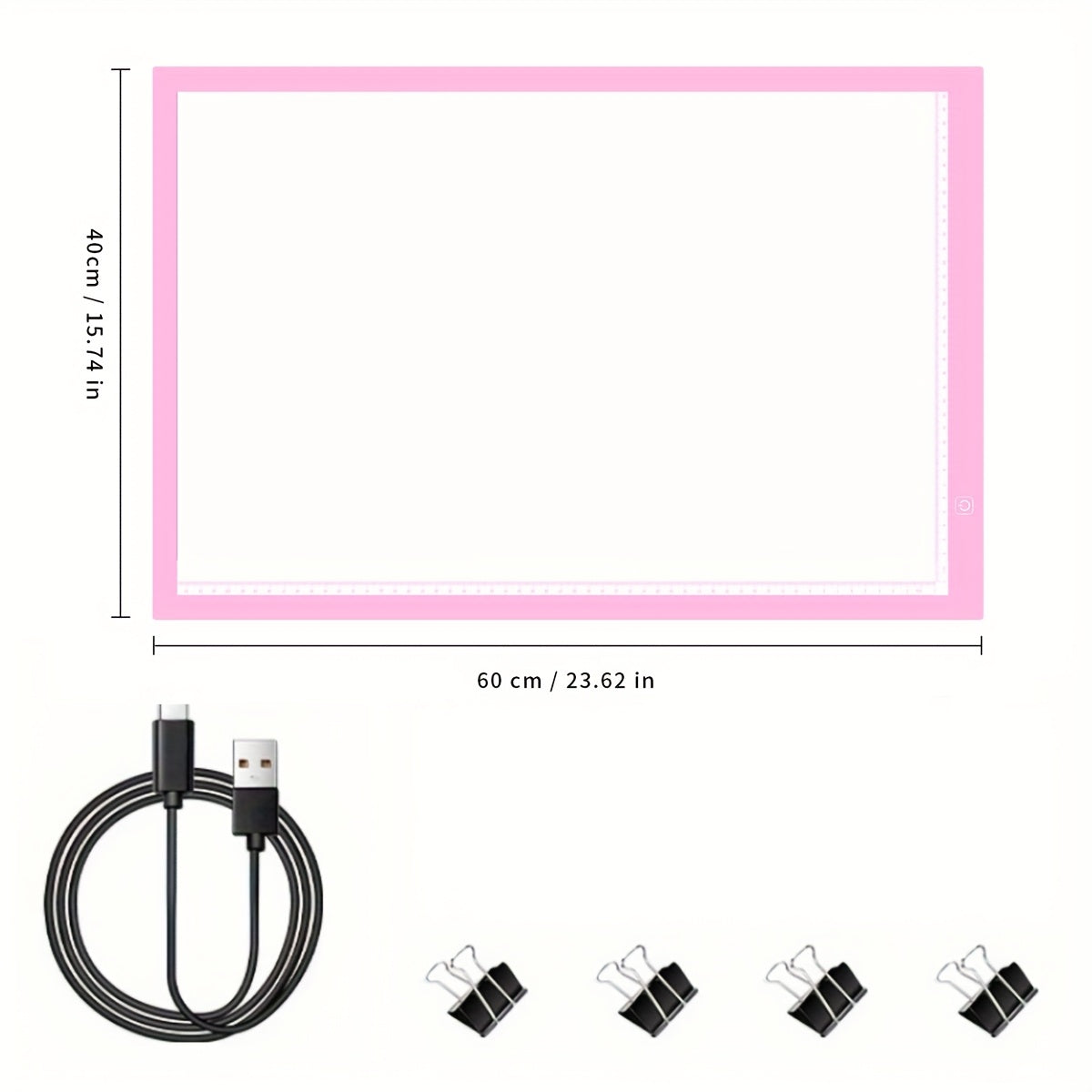 LED light pad for diamond painting with 3 brightness levels, USB cable, and 4 fasten clips. Great for sketching, animation, drawing, and diamond painting supplies.