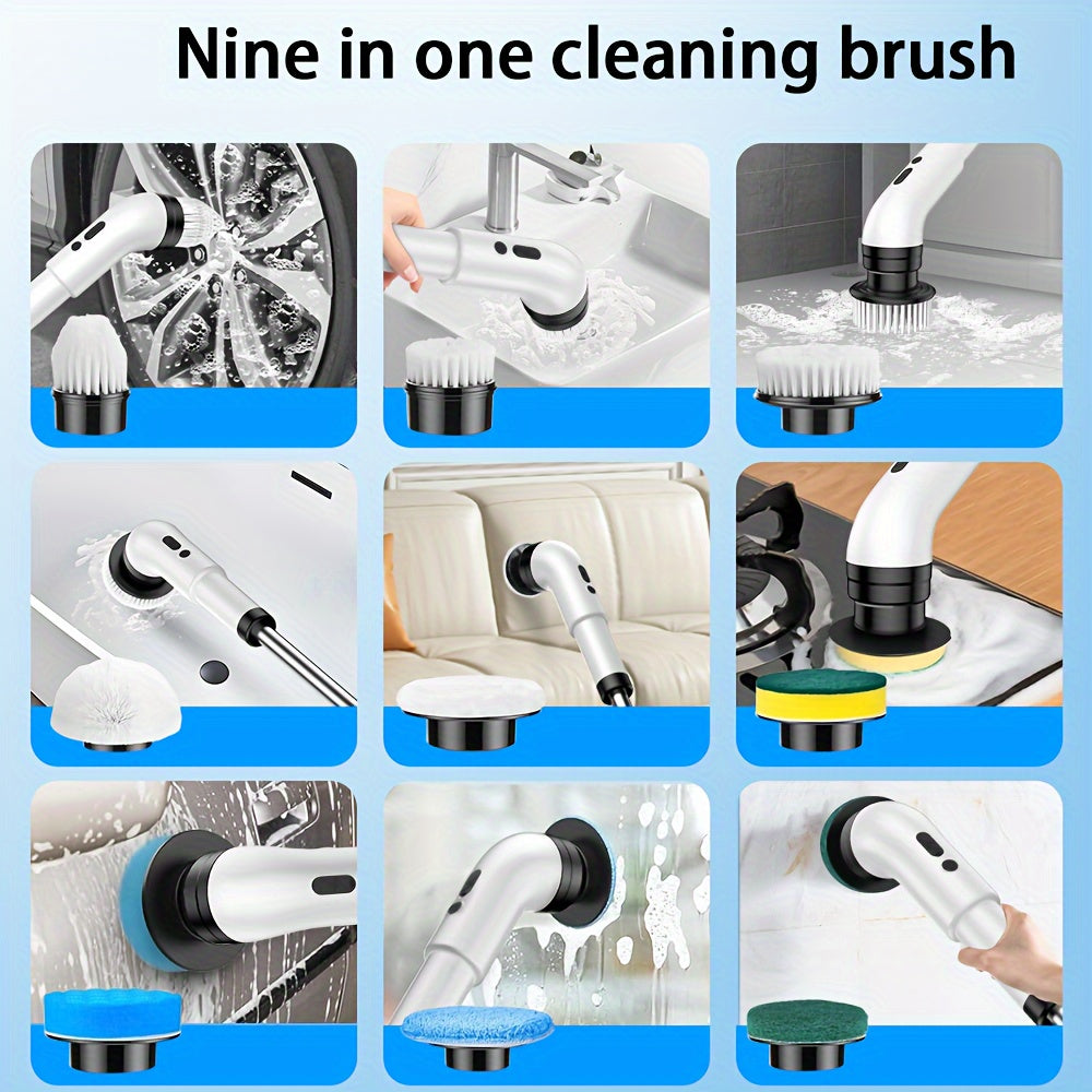 Introducing the versatile White Electric Cleaning Brush with USB Charging, Long Handle, and 2000mAh battery. Comes with 6-9 Replaceable Brush Heads for cleaning floors, walls, outdoor areas, and bathrooms.