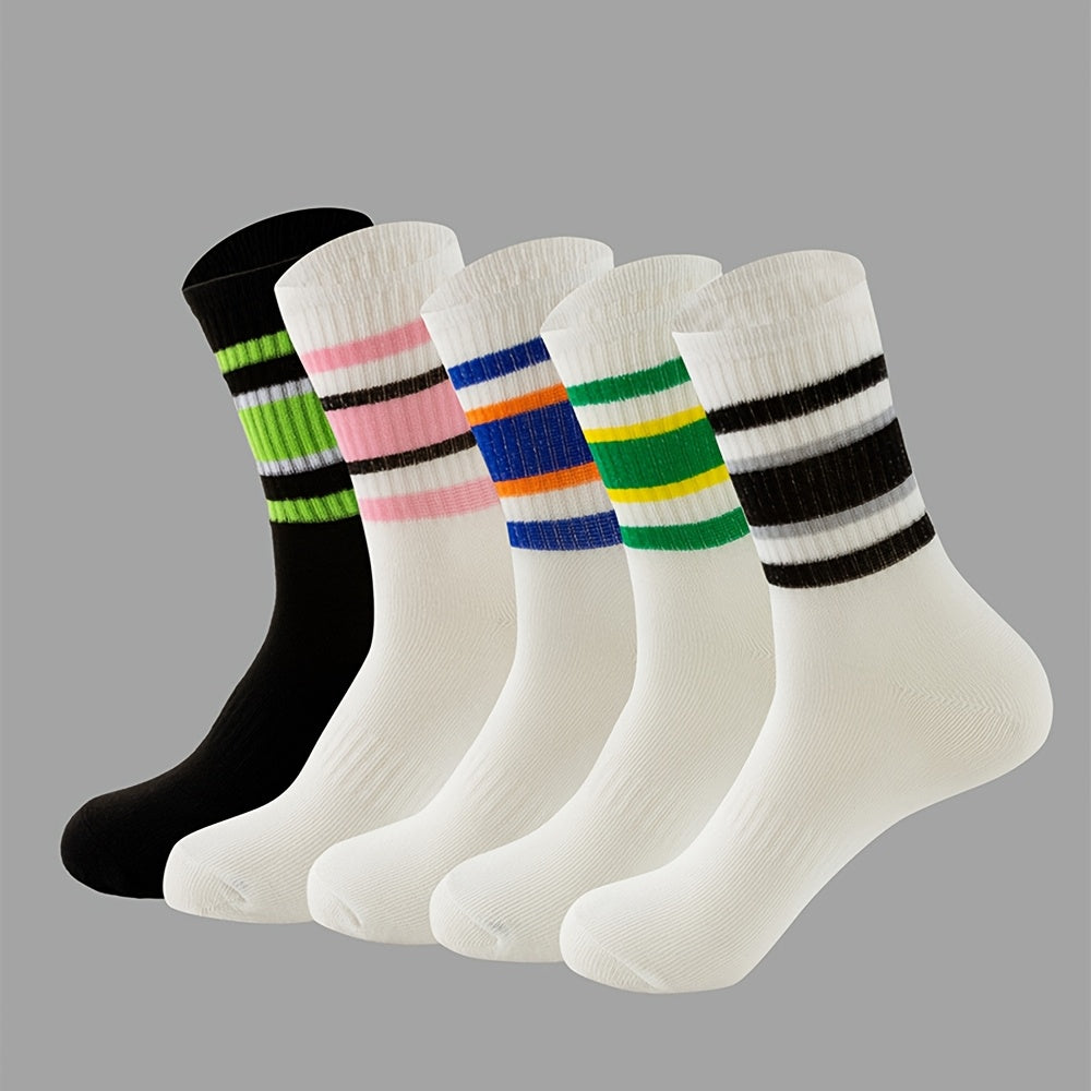 5 pairs of breathable striped print mid tube socks for women