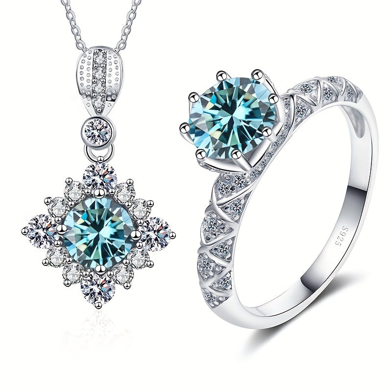 High quality jewelry set featuring a 2ct Moissanite necklace and 1ct Moissanite ring in 925 sterling silver. Perfect for engagement or wedding, comes with certificate and gift box.