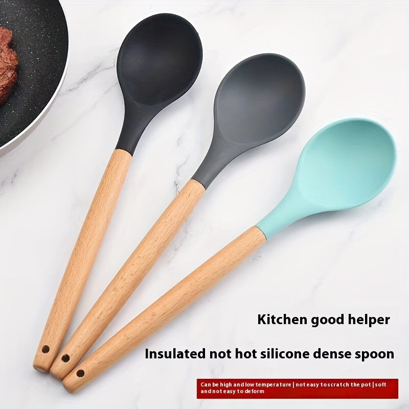 Wooden Handled Silicone Spoon - Multipurpose Kitchen Tool for Mixing, Serving, and Stirring - Long-lasting and Simple to Wash