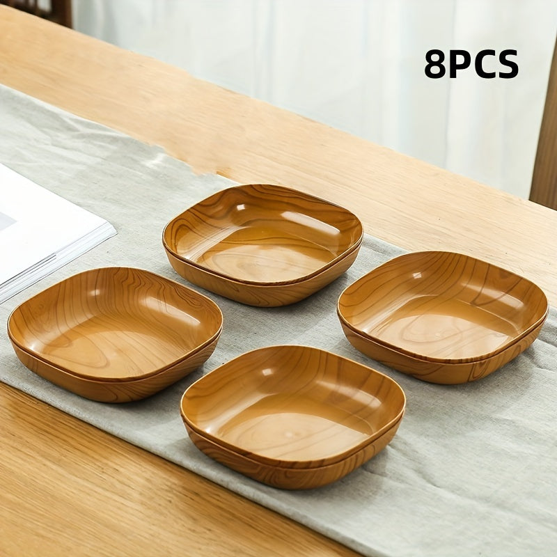 8-piece set of durable and easy-to-clean plastic serving plates with Japanese wood grain design, perfect for serving snacks, fruit, candy, and desserts.