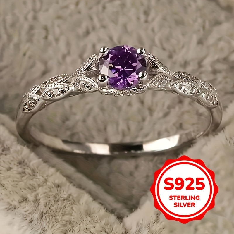 Stylish 925 Sterling Silver Anniversary Ring featuring Synthetic Purple Gemstone – Great for both Formal and Everyday Occasions, Set with Four Prongs and Synthetic Zirconia, Representing February Birthstone, Perfect for Gifting at Special Events and